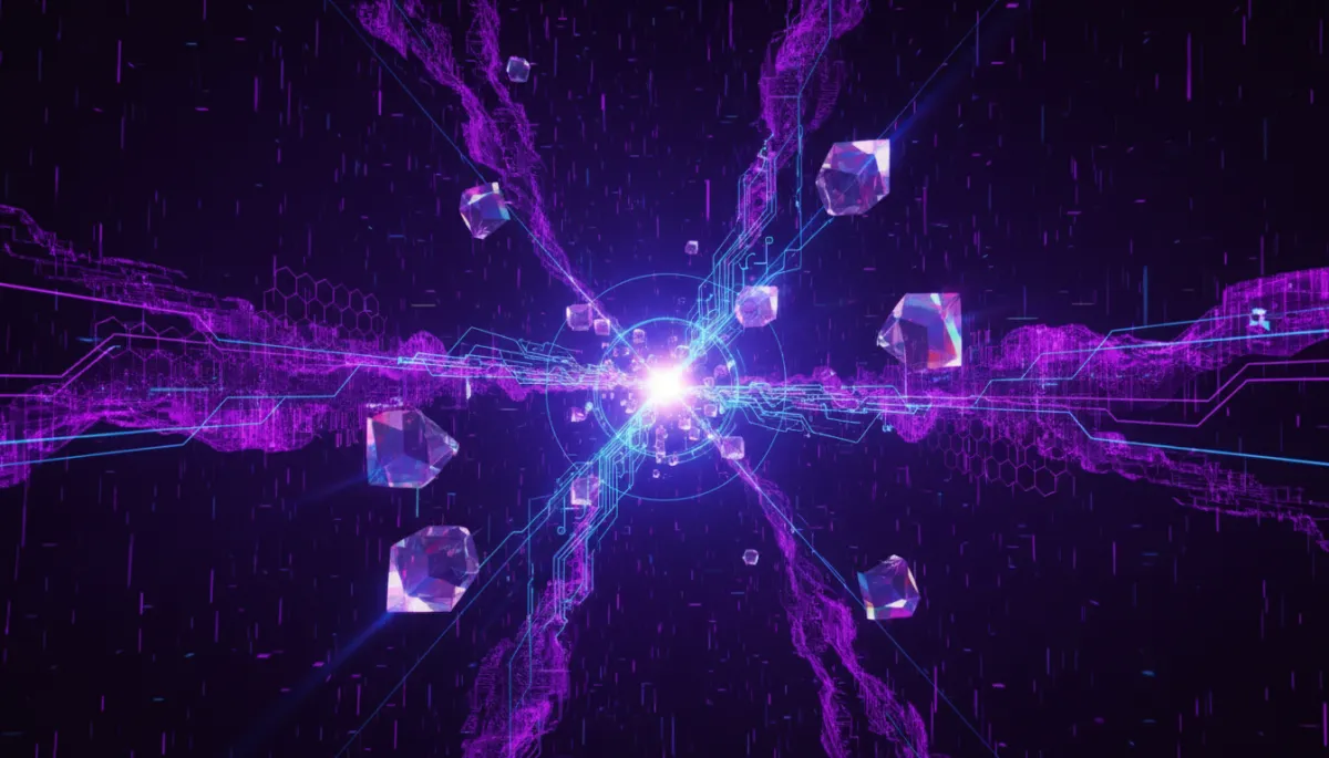 Abstract deep purple and electric violet geometric digital art representing AI content creation strategies