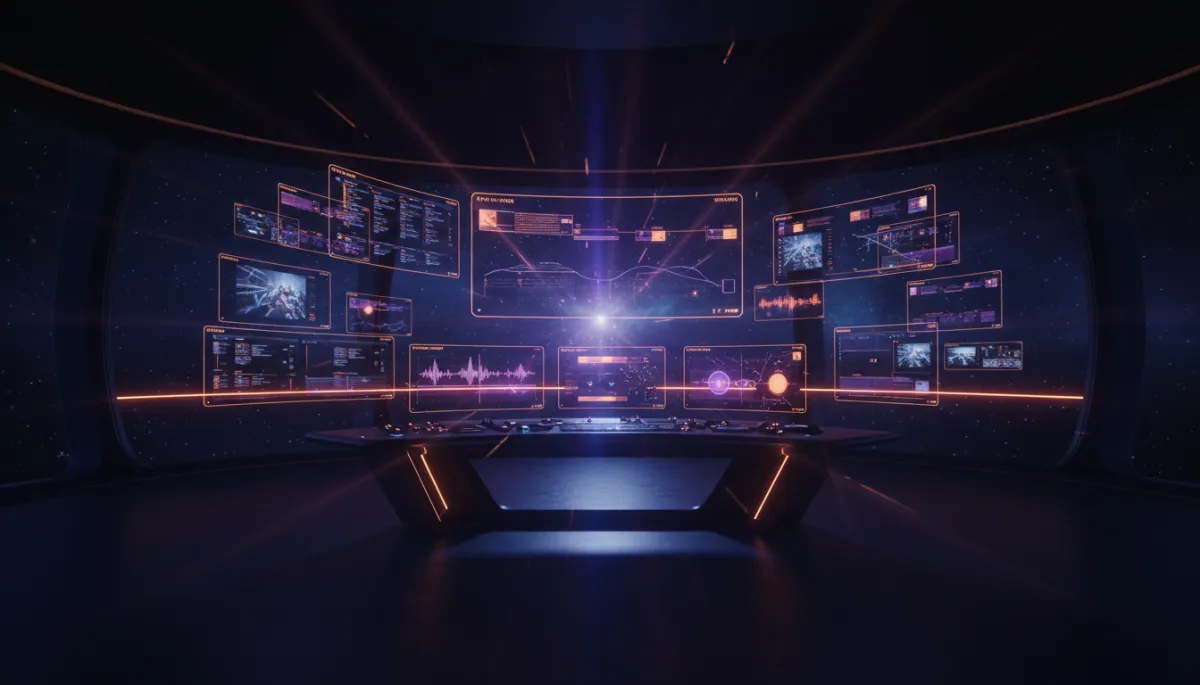 Futuristic AI video editing studio dashboard with holographic displays and glowing purple-amber neon lighting