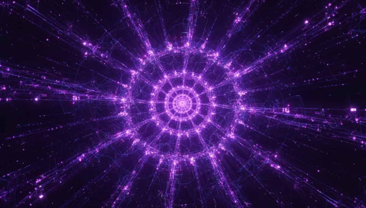 Abstract digital neural network visualization in deep purple and electric violet — AI content creator transformation