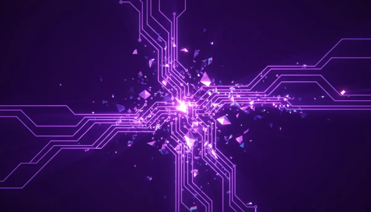 Abstract deep purple and electric violet digital circuit visualization representing AI-powered content creation systems