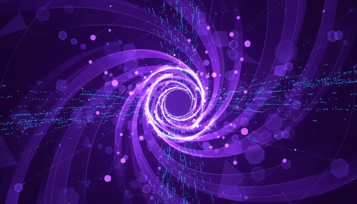Abstract digital technology visualization with deep purple and electric violet geometric flow patterns — AI content creator Florida