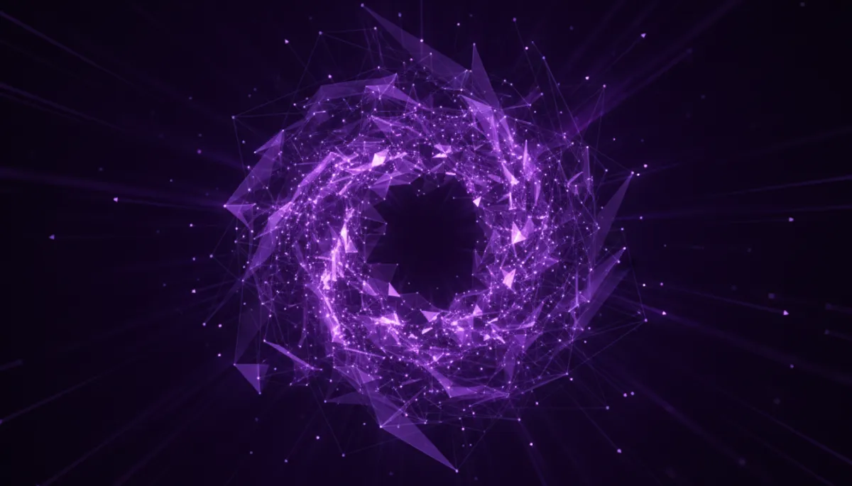 Abstract deep purple and electric violet AI technology flow visualization with glowing geometric digital patterns