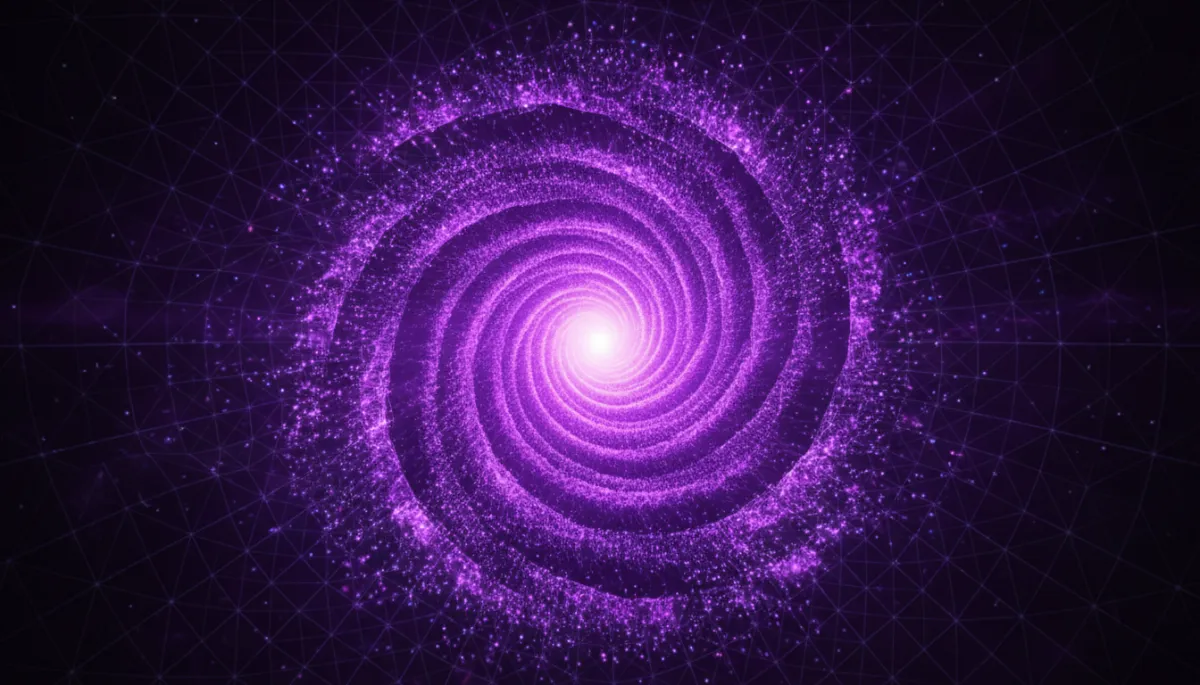 Abstract digital neural network vortex in deep purple and electric violet representing AI strategy for content creators 2026