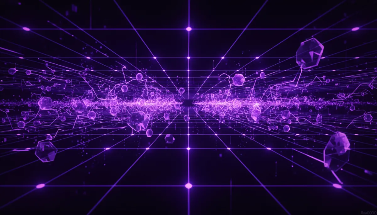 Abstract violet and purple digital data flow visualization representing AI content creation for Florida content creators