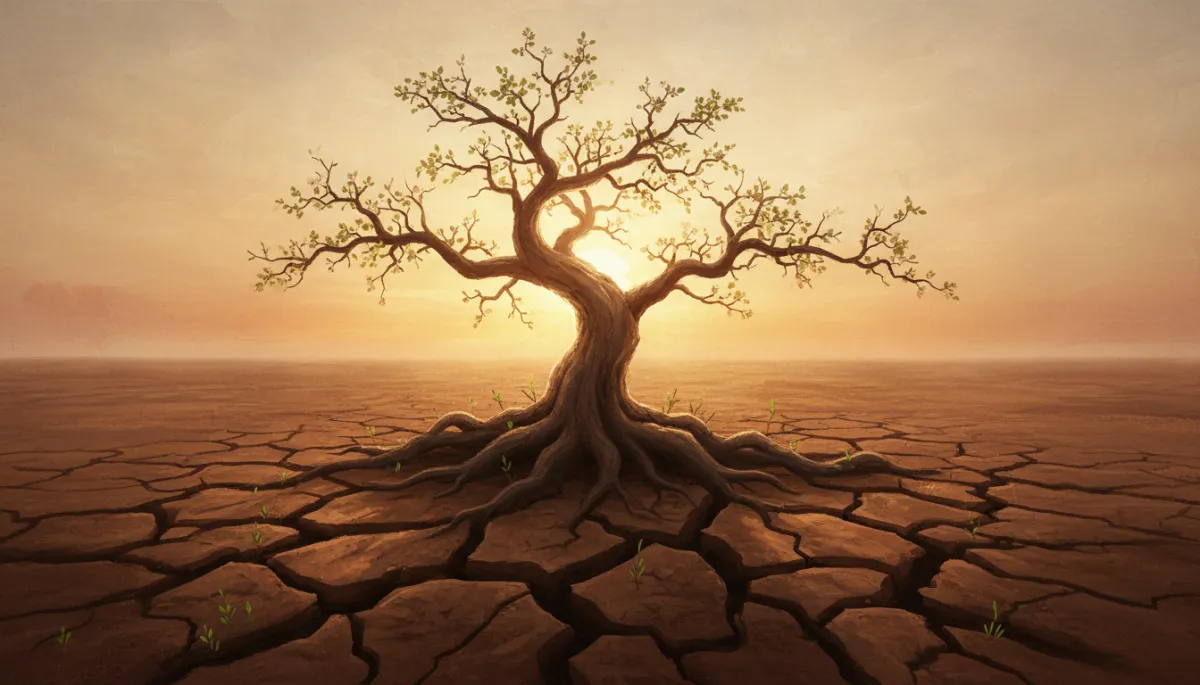 A resilient tree growing through cracked earth at dawn — post-traumatic growth