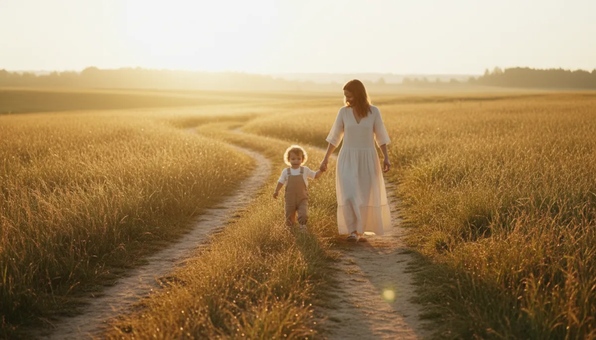A mother and child walking hand in hand along a sunlit path at dawn