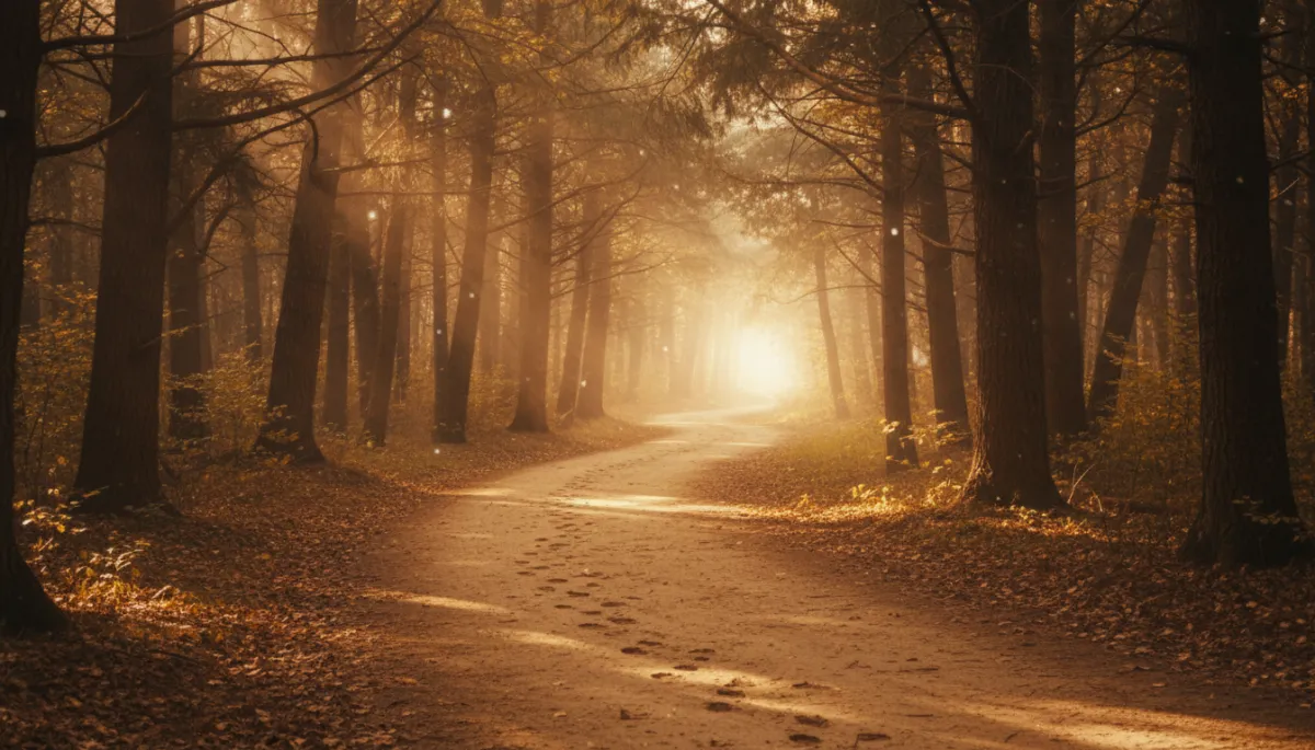 A winding forest path emerging into bright open light — the journey of recovery