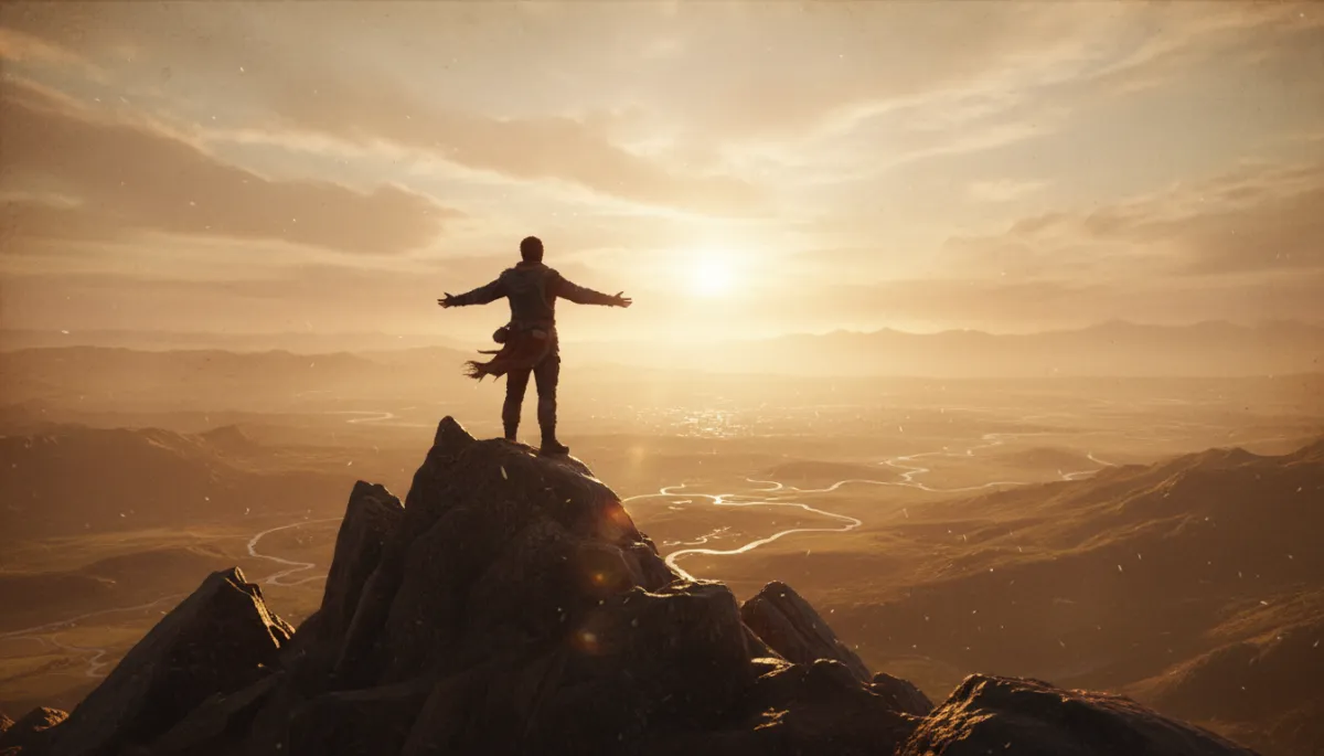 A solitary figure standing at a rocky summit at dawn — survivors and purpose