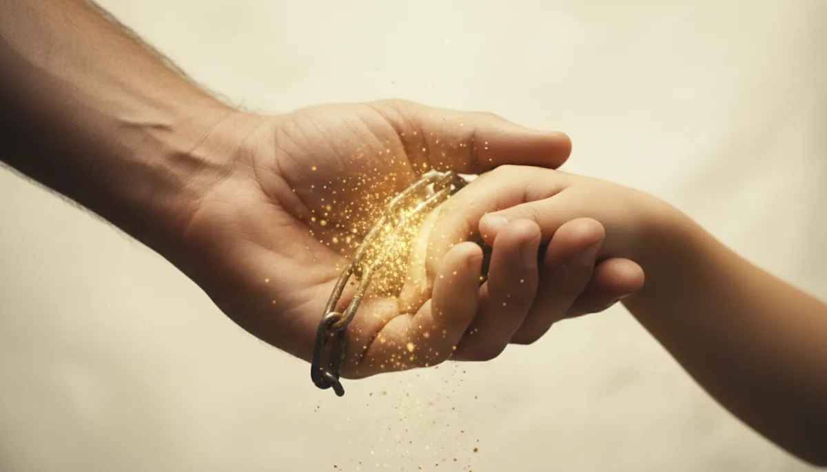 Two hands clasped together, a chain dissolving — cycle-breaking legacy