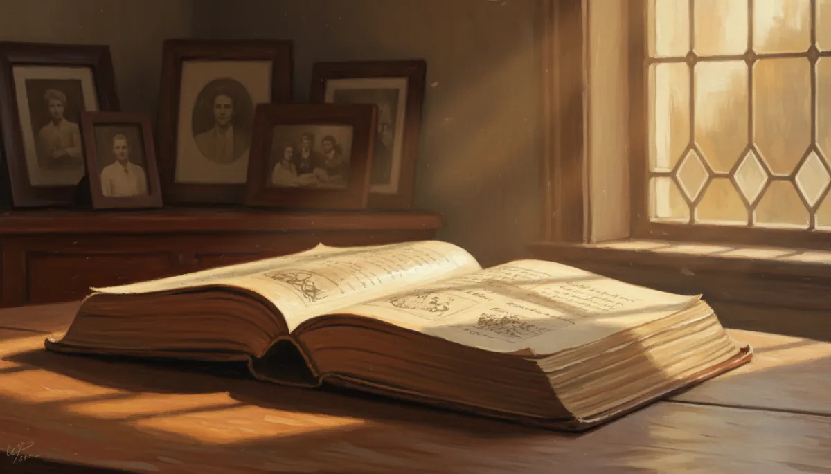 An open antique book in golden window light — legacy and generational storytelling