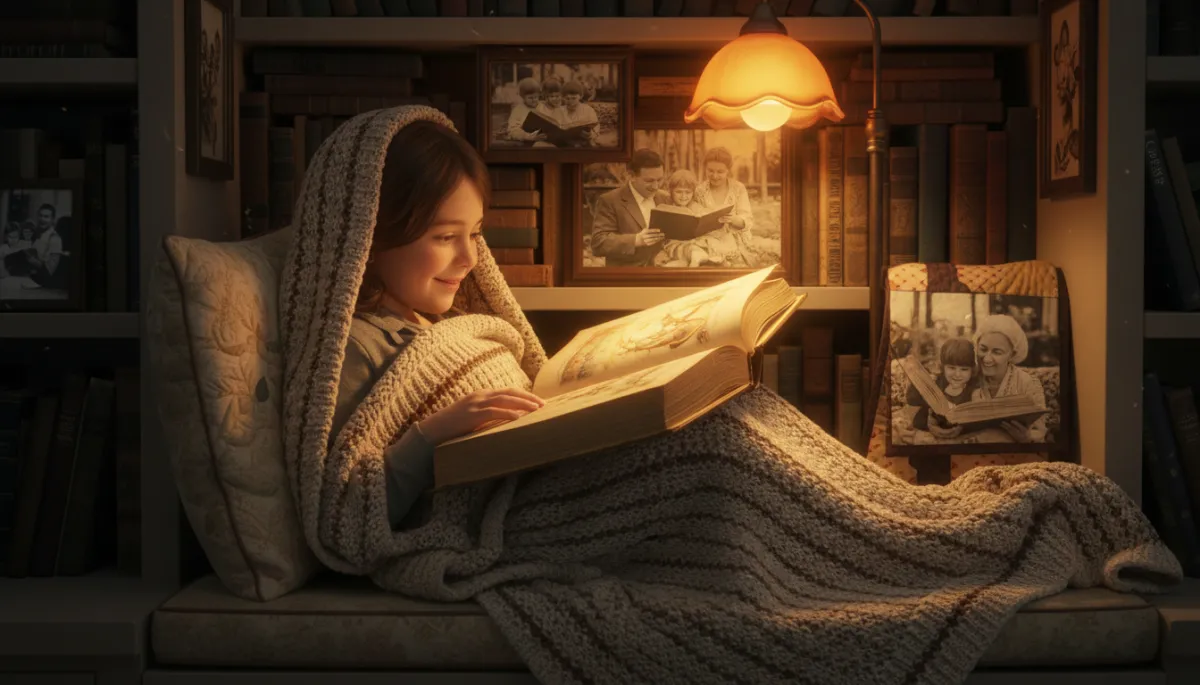 A child curled in a warm reading nook holding a hardcover book — family stories and legacy