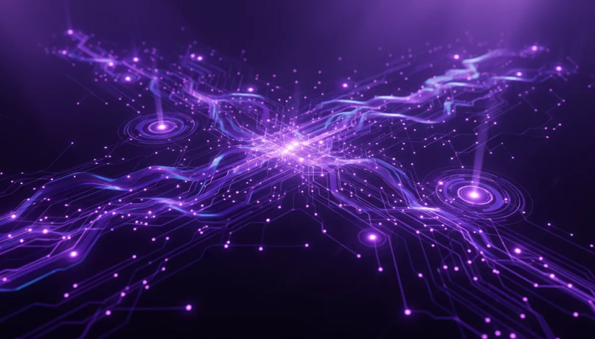 Abstract digital flow visualization in deep electric purple and violet indigo representing AI technology and automation