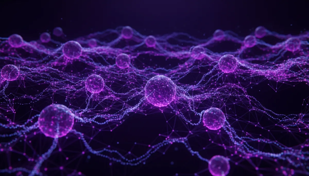 Abstract digital neural network with electric violet and deep purple glowing data streams