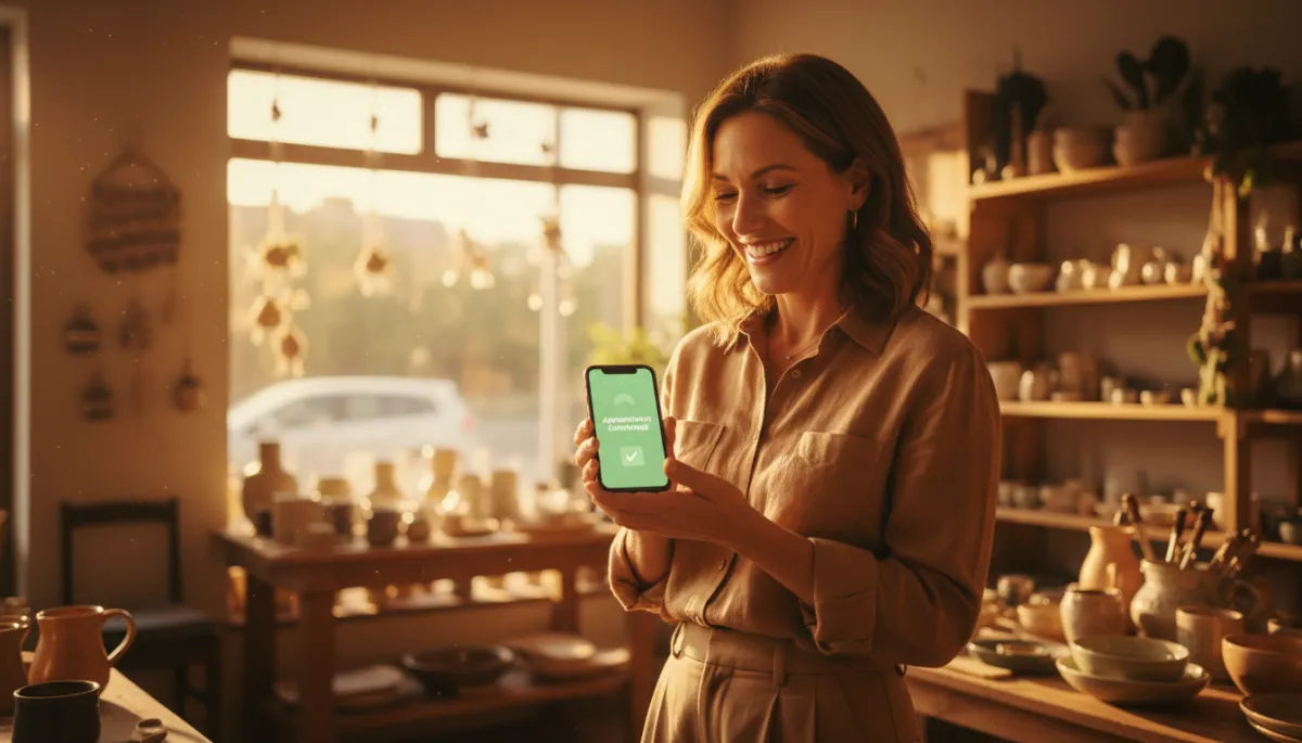 Local business owner smiling at phone showing AI appointment confirmed notification in warm golden tones