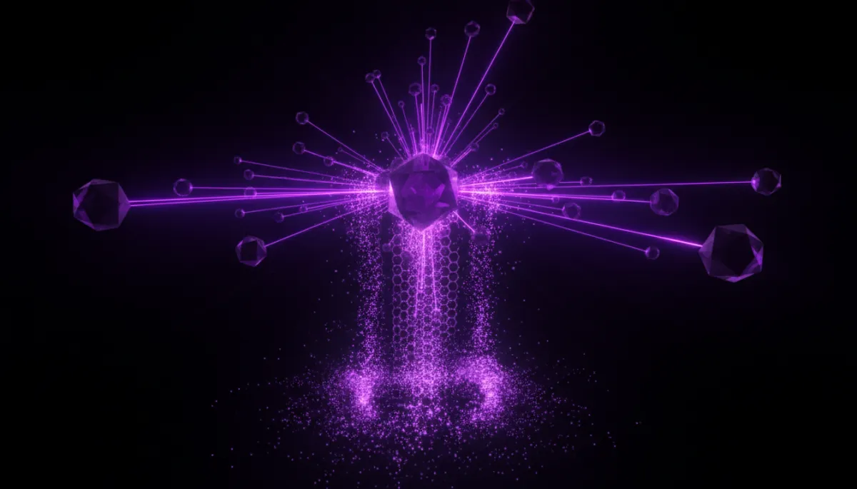 Abstract AI digital flow with deep purple and electric violet neural network nodes