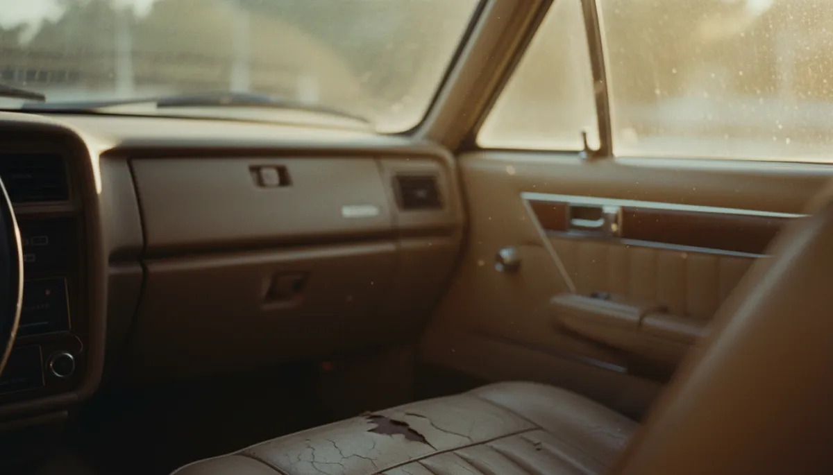 UV-damaged car interior with cracked leather seats and faded dashboard, harsh South Florida sunlight streaming through untinted windows