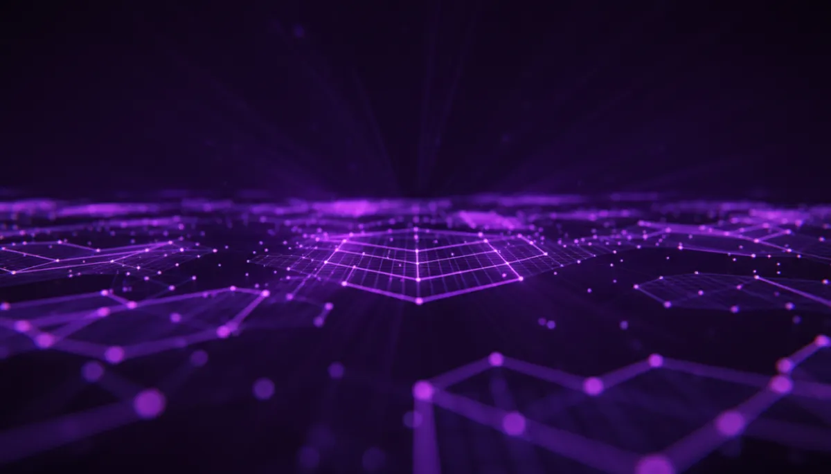 Abstract AI technology visualization with deep purple and violet geometric flow patterns