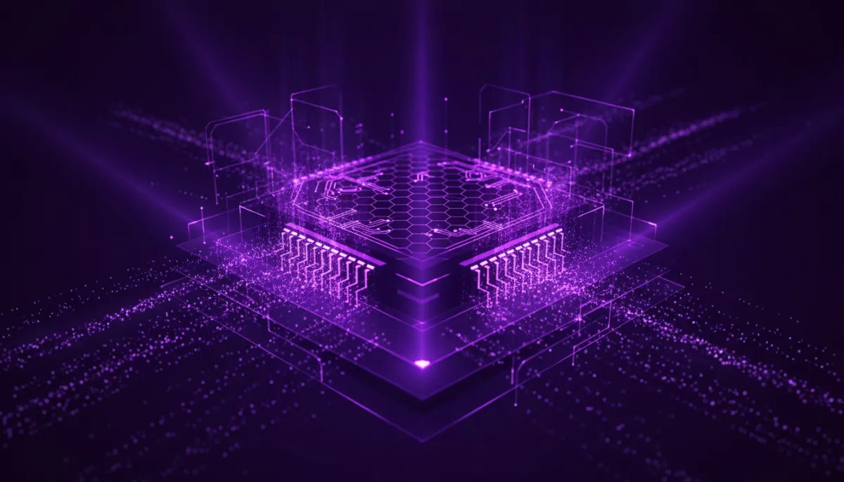 Abstract deep purple and electric violet geometric digital technology art representing AI-powered content creation