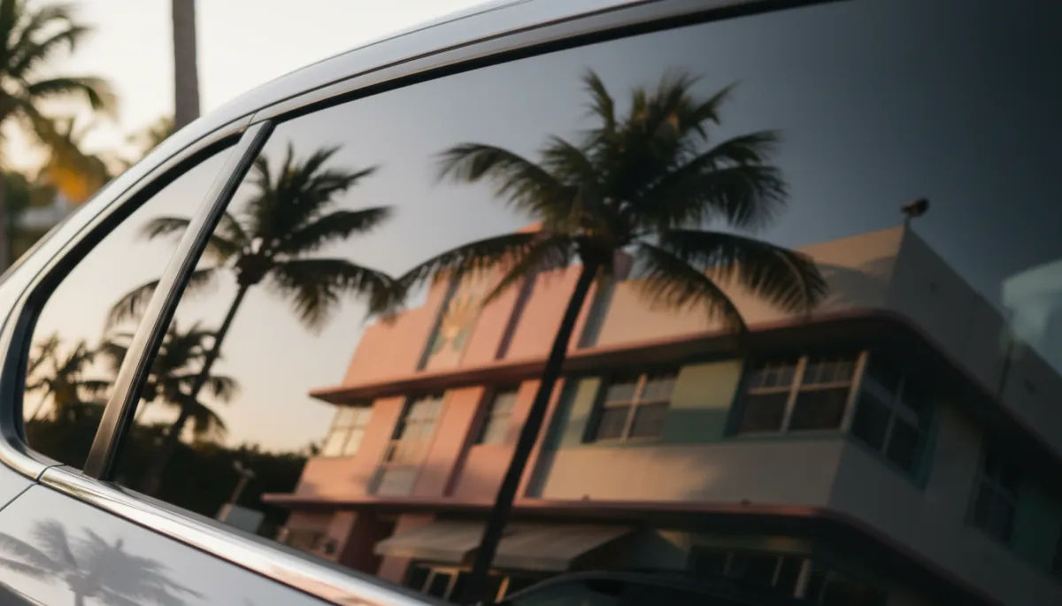 Ceramic tinted car window reflecting Miami palm trees and pastel Art Deco buildings in Flagami Miami