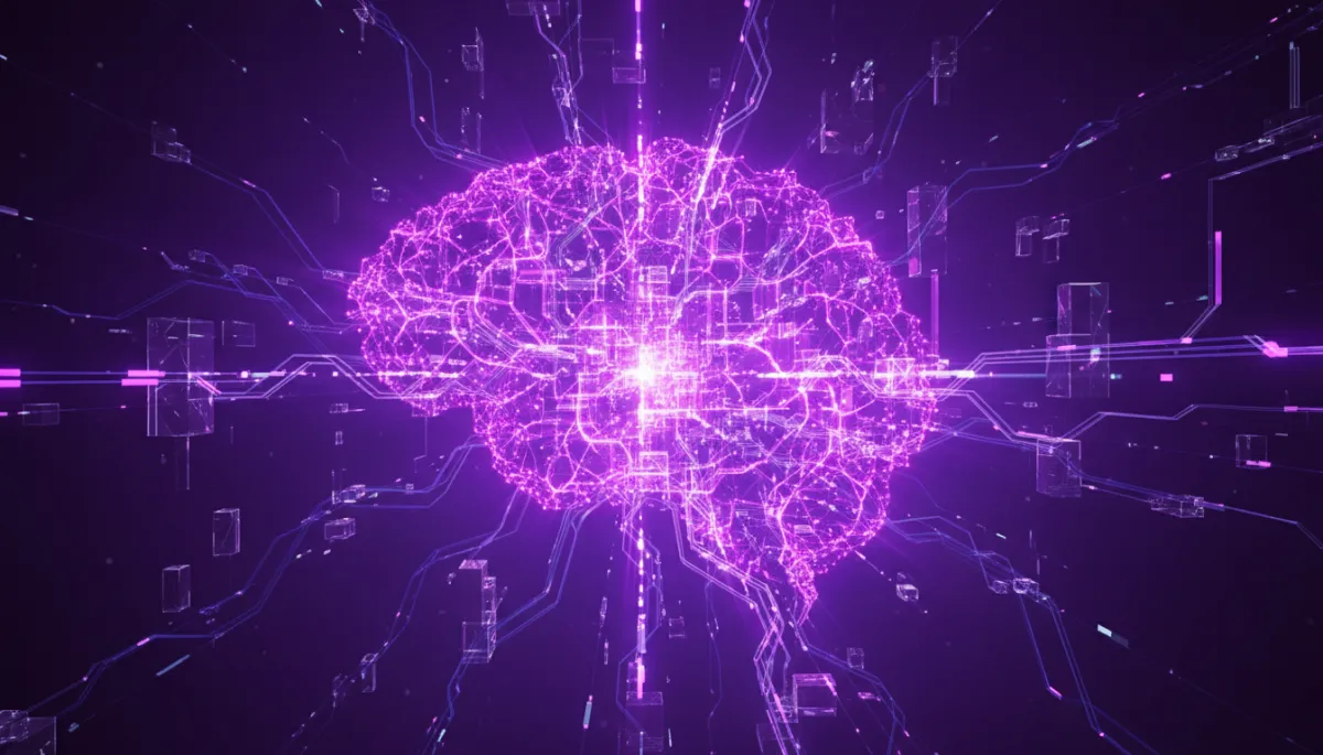 Abstract digital neural network explosion in deep purple and electric violet β AI content creation strategy