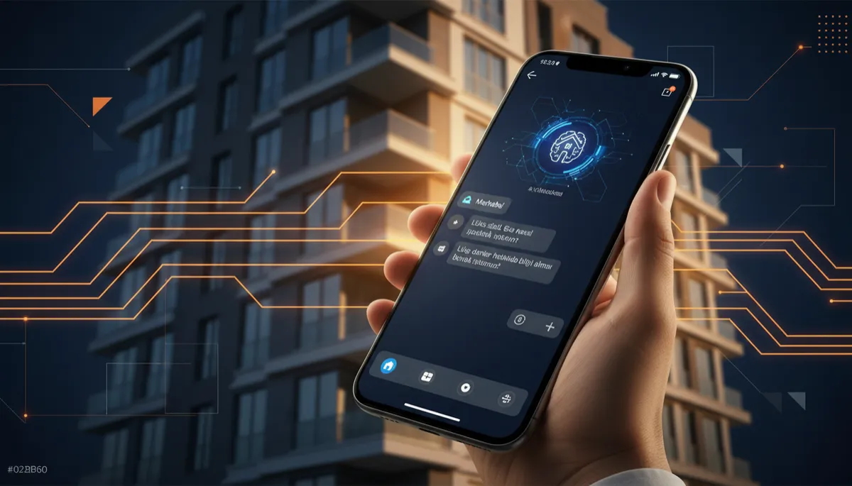 Bina önünde yapay zekâ sohbet ekranlı telefonu gösteren temsili illüstrasyon