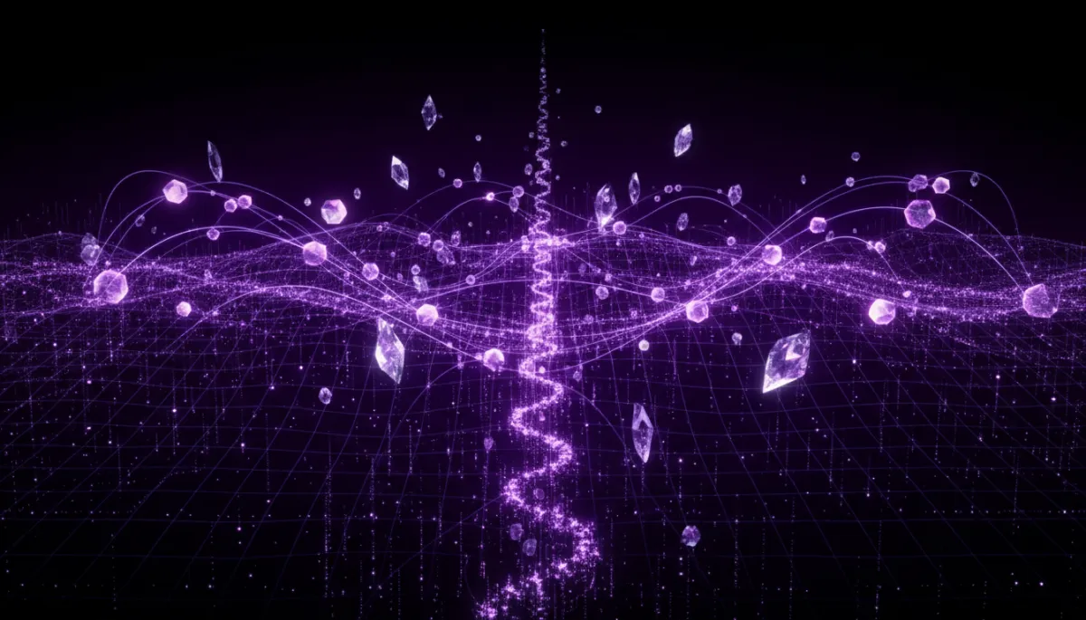 Abstract AI technology network visualization in deep purple and electric violet with glowing geometric data streams