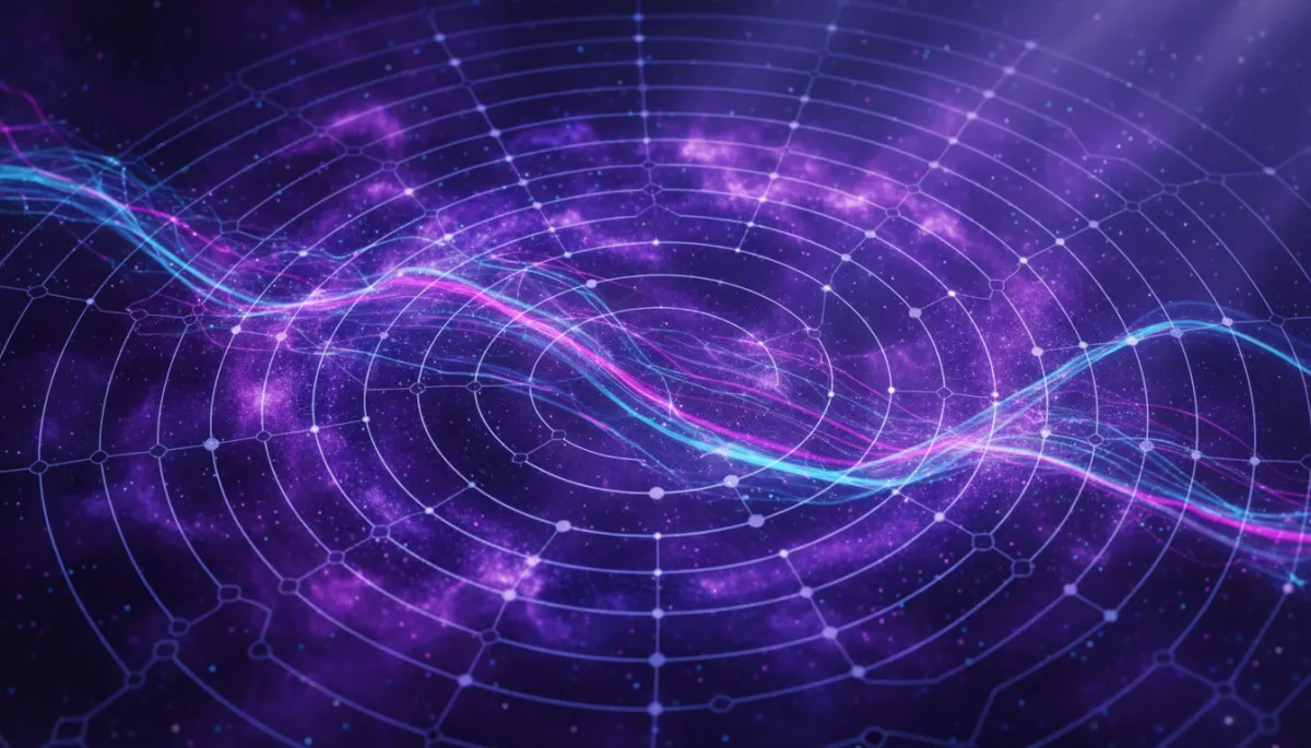 Abstract deep purple and electric violet digital data streams representing AI transformation for content creators