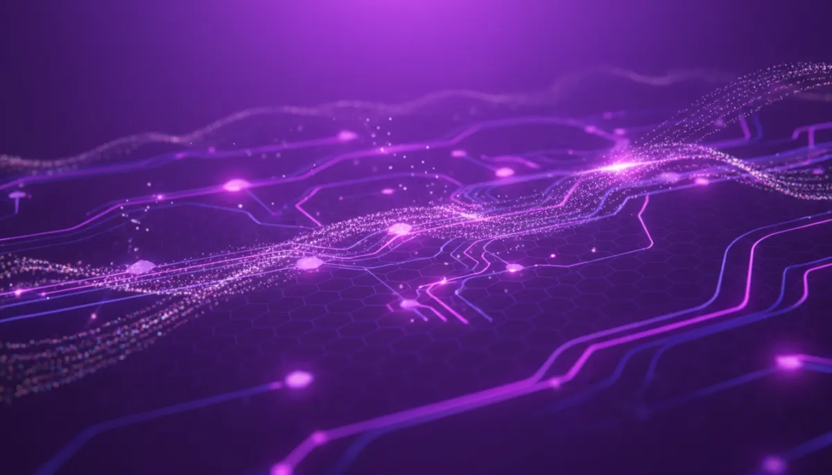 Abstract neural network data flow in deep purple and electric violet representing AI for Florida business owners
