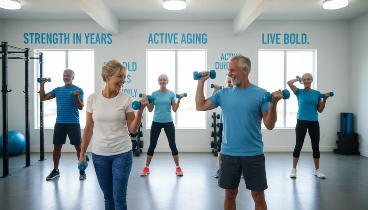 Active adults over 40 smiling together during a strength training session at The Lifting Studio in Parker, CO.
