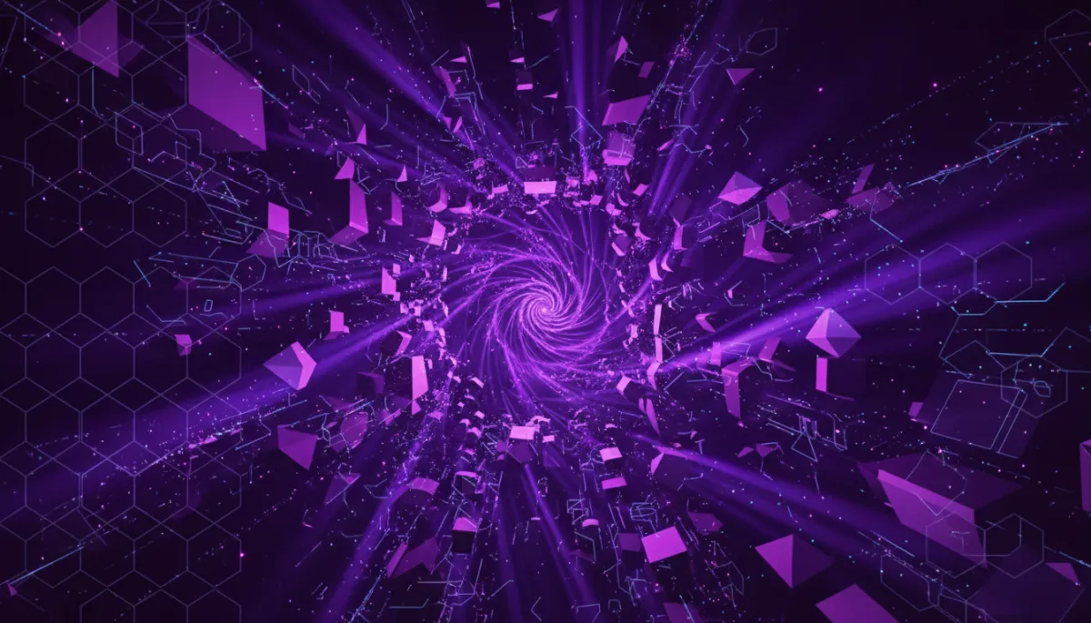 Abstract AI technology visualization β deep purple and electric violet geometric light patterns representing the AI revolution for content creators