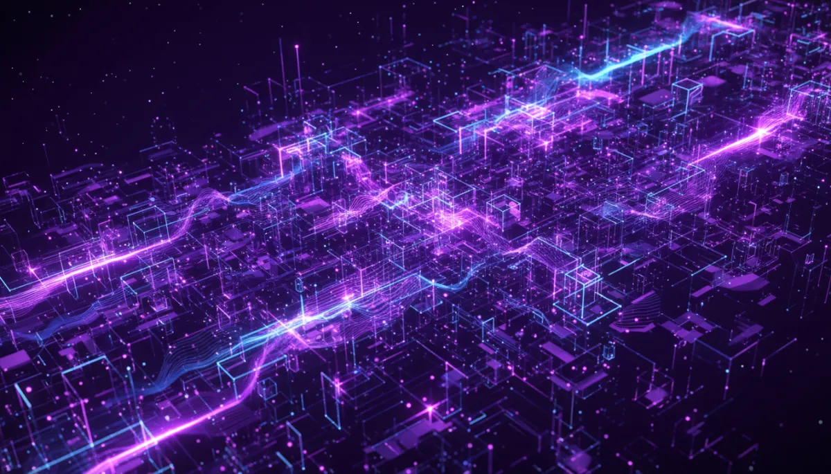 Abstract digital geometric flow visualization in deep purple and electric violet β AI creator strategy