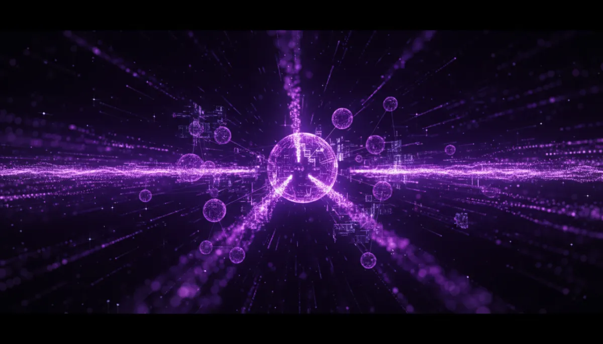 Abstract AI neural network visualization in deep purple and electric violet β AI strategy for content creators