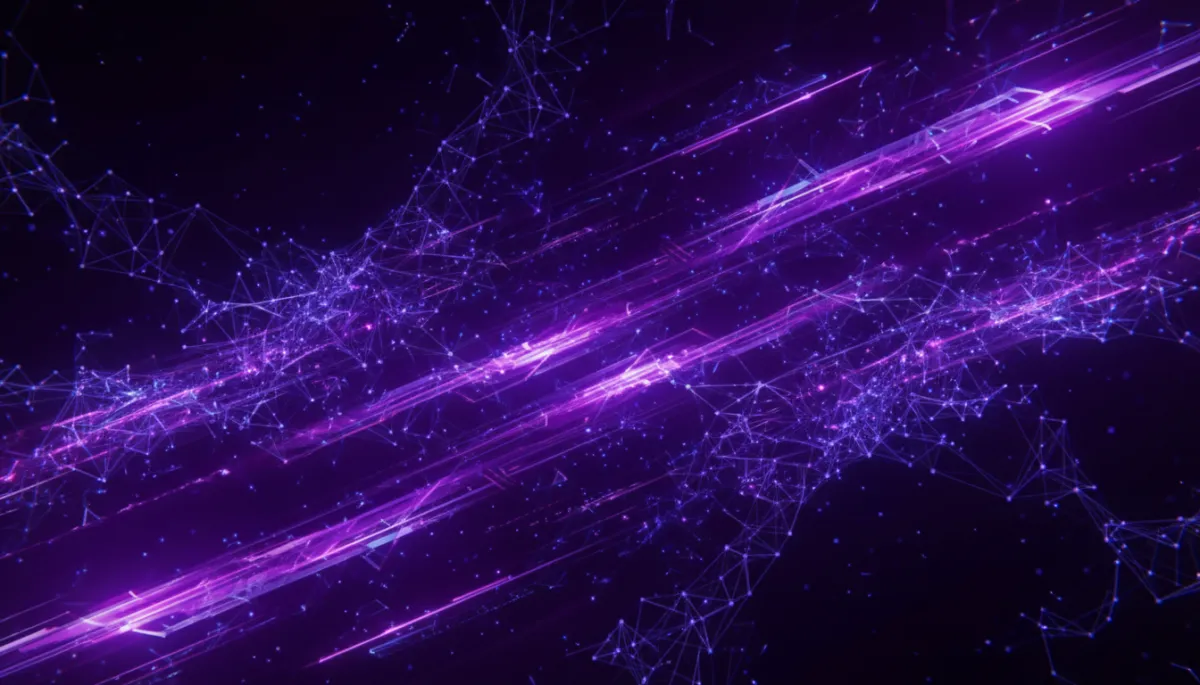 Abstract AI digital flow visualization in deep purple and electric violet tones β AI content business automation