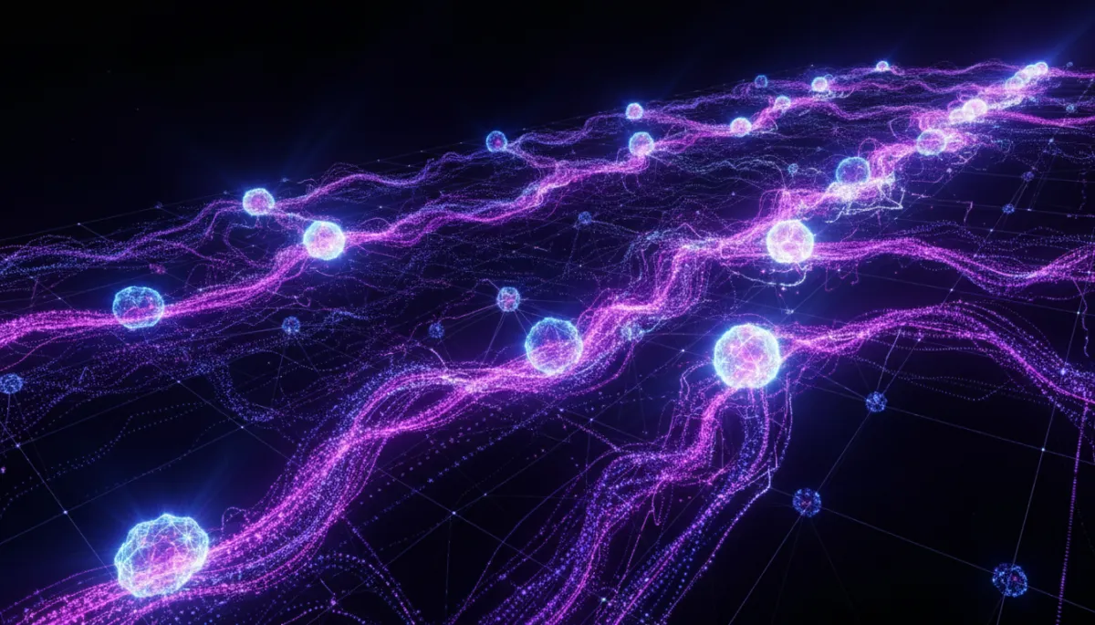 Abstract neural network visualization in deep purple and electric violet — AI transformation for content creators