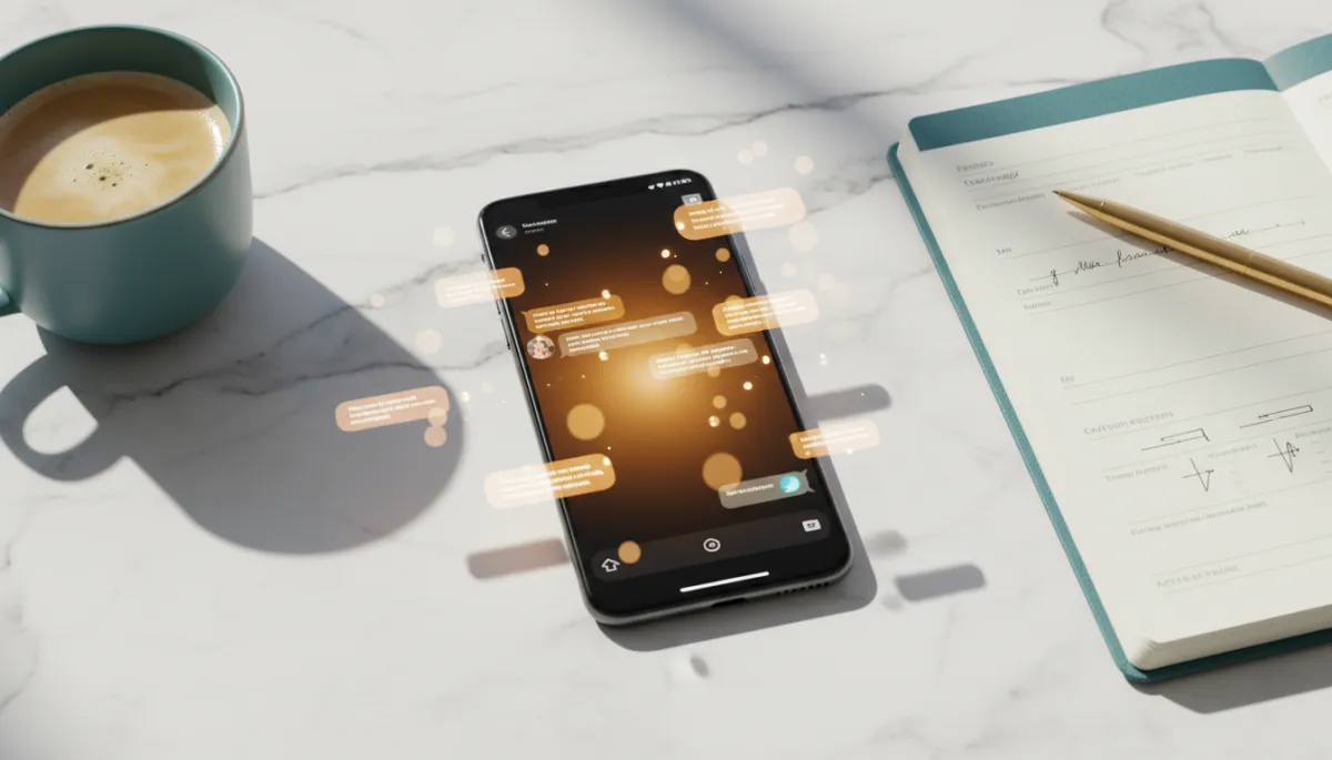 Smartphone with warm amber and gold AI chat bubbles — conversational AI for social DMs automation