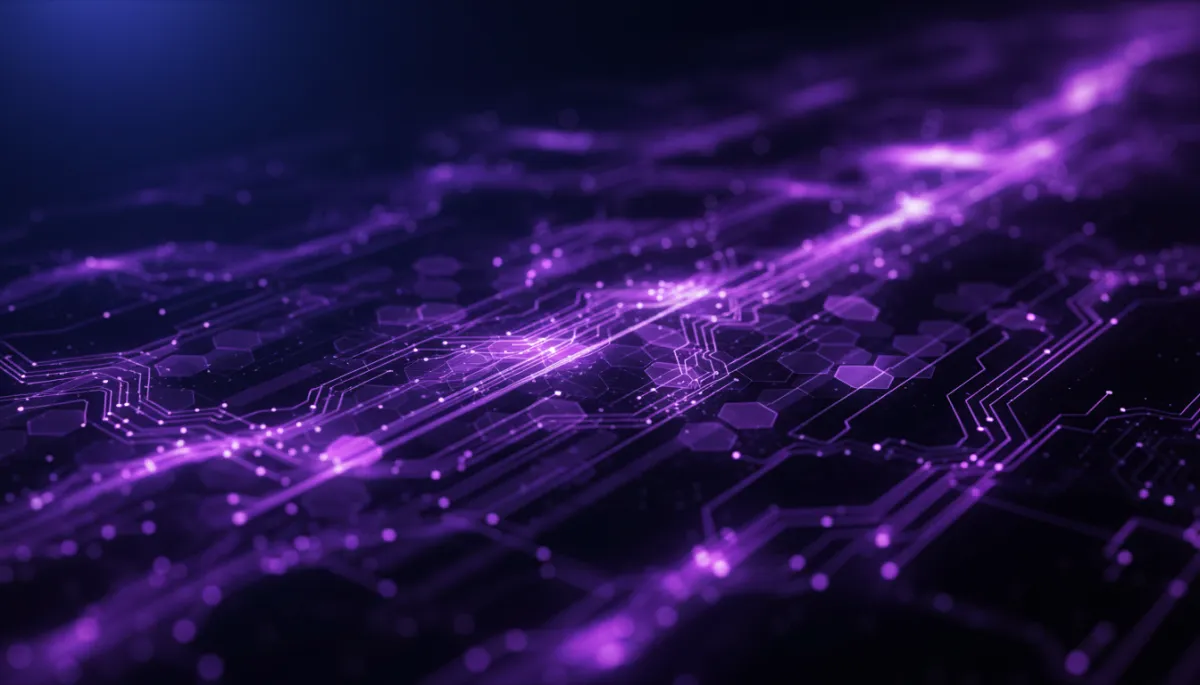 Abstract AI technology visualization in deep purple and electric violet — AI Employers Newsletter