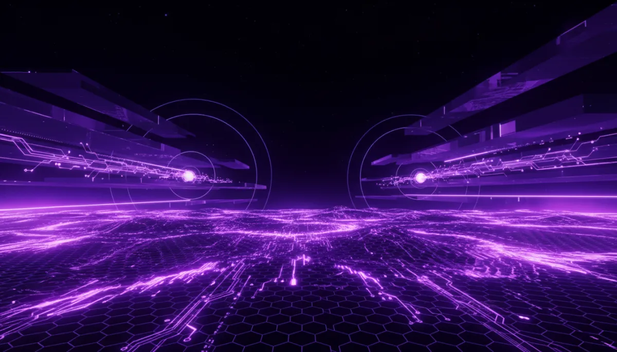 Abstract digital technology grid in deep purple and electric violet representing AI-powered content creation systems