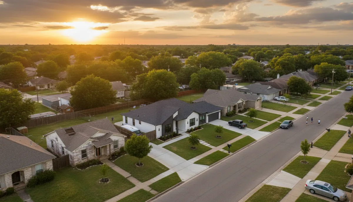 Aerial view of a Texas neighborhood showing homes before and after renovation — fix and flip real estate investing opportunities in Texas