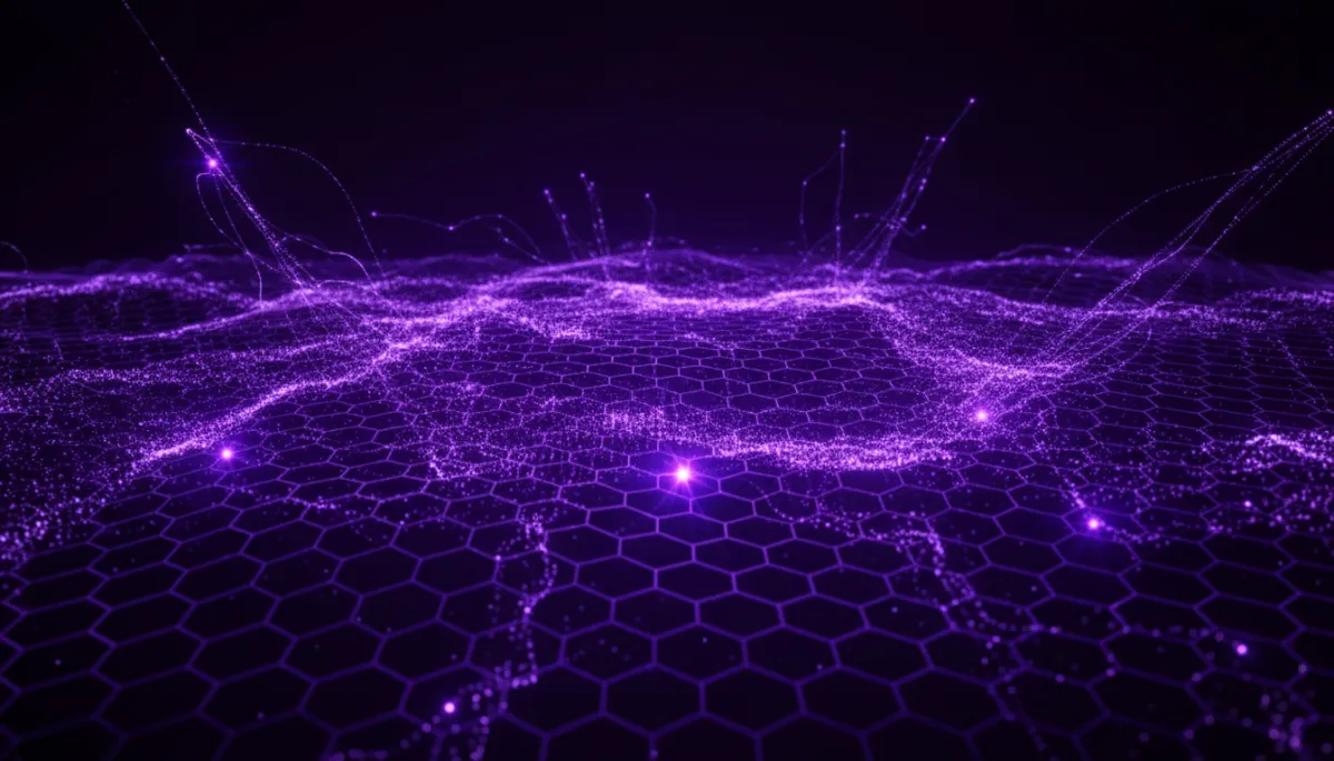 Abstract AI neural network data flow visualization in deep purple and electric violet palette
