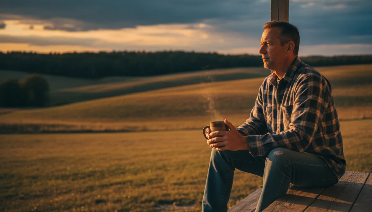 A veteran sitting on a porch at golden hour — the quiet dignity of a story that deserves to be told