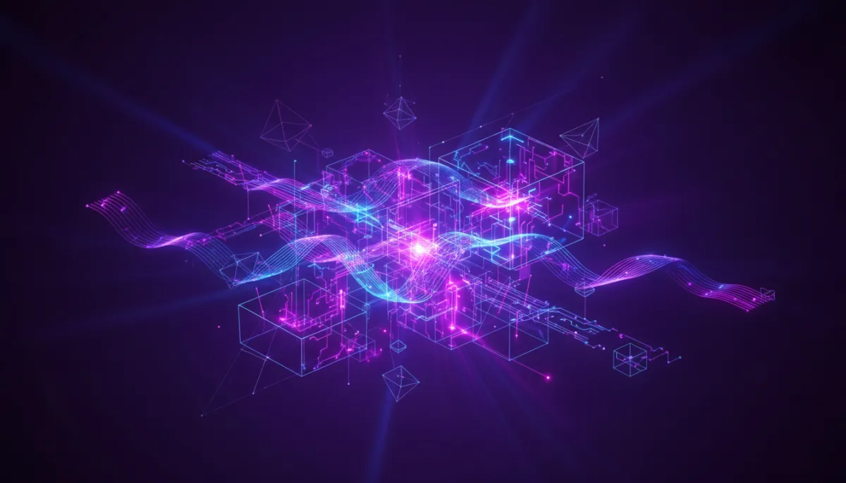 Abstract AI neural network digital flow visualization in deep purple and electric violet — AI content strategy for Florida creators
