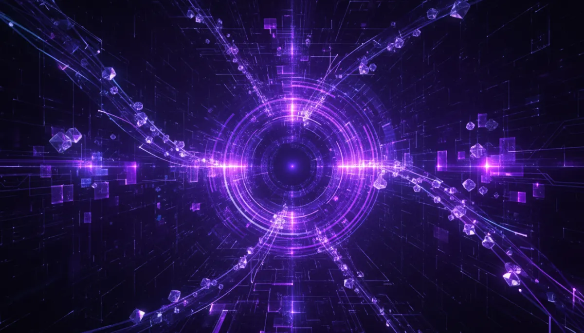 Abstract AI technology visualization with electric violet and deep purple flowing digital streams