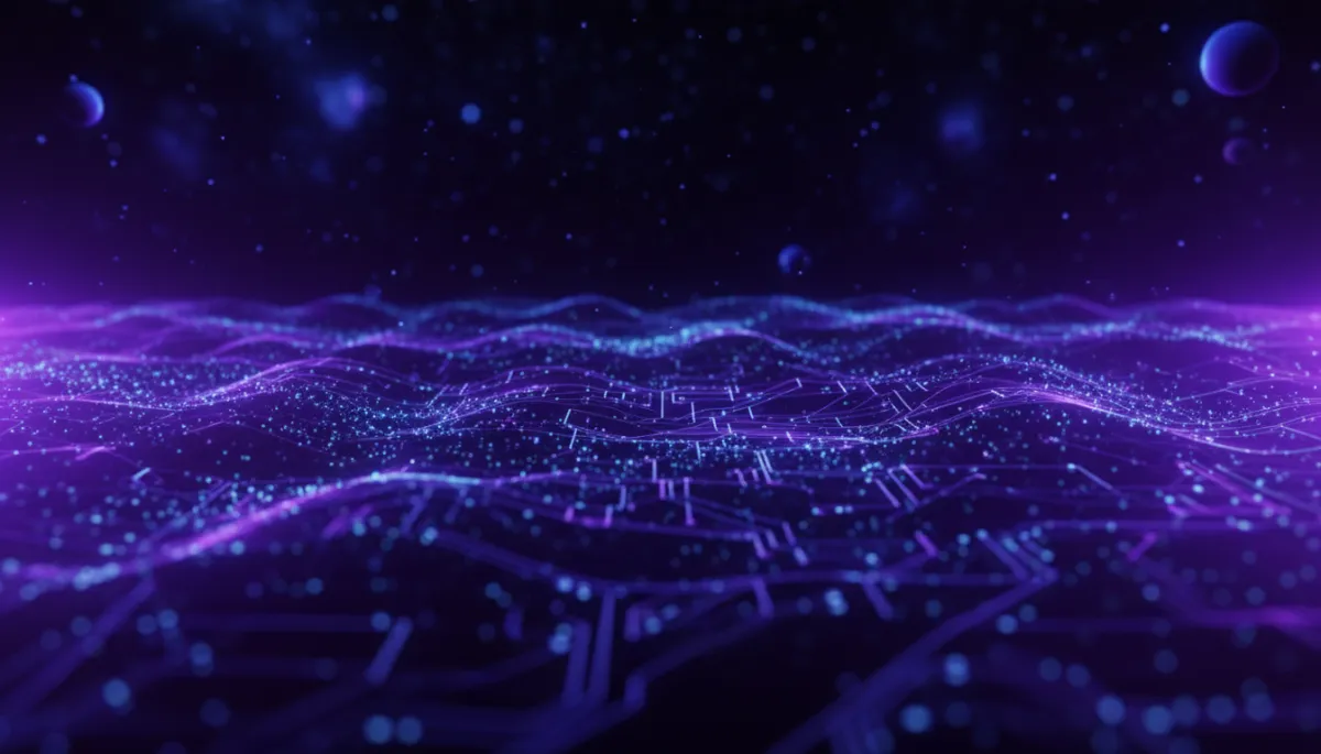 Abstract AI digital landscape deep purple electric violet energy streams geometric neural pathways