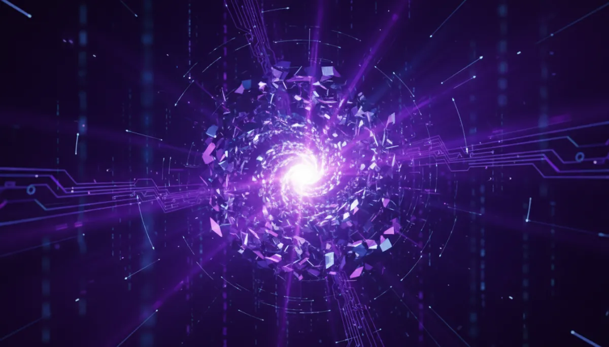 Abstract deep purple and electric violet digital technology visualization representing AI content creation in 2026