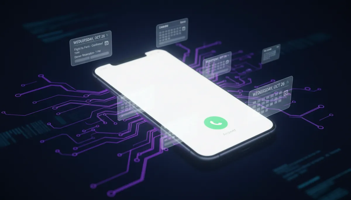 AI voice booking agent answering phone calls with glowing neural network visualization deep purple electric violet