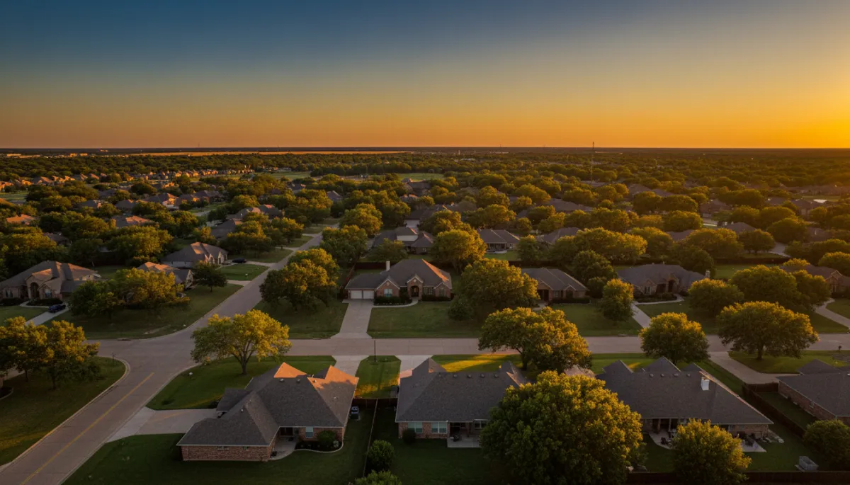 Aerial view of a Yukon Oklahoma neighborhood at golden hour — OKC metro suburb real estate 2026