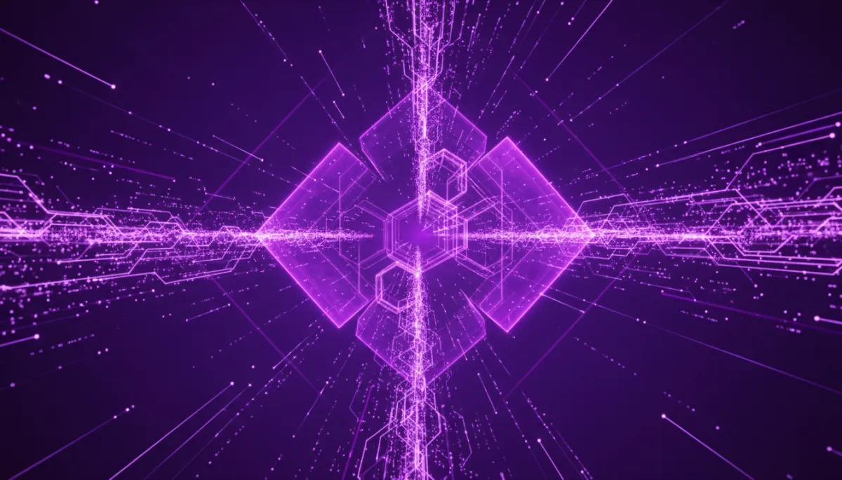 Abstract deep purple and electric violet geometric AI data flow representing the content creator AI revolution