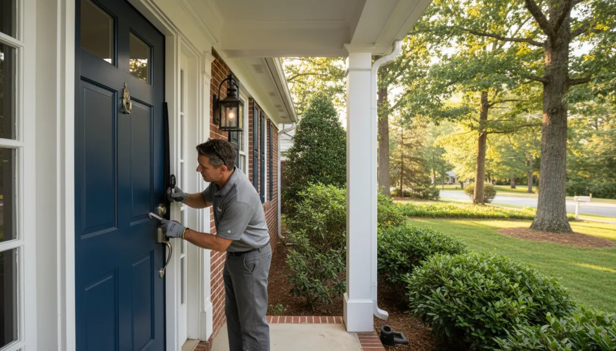 Richmond VA homeowner inspecting and maintaining a beautiful navy blue front entry door on a sunny day with lush Virginia greenery in the background