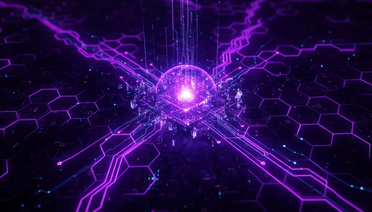 Abstract AI technology visualization with deep purple and electric violet geometric data flow patterns