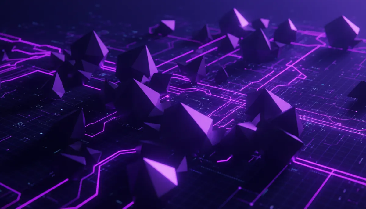 Abstract digital transformation with deep purple and electric violet geometric patterns representing AI power and business evolution